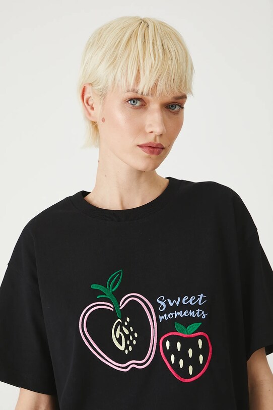 T-shirt bawełniany damski z ozdobnym haftem kolor czarny czarny RS25.TSDB08