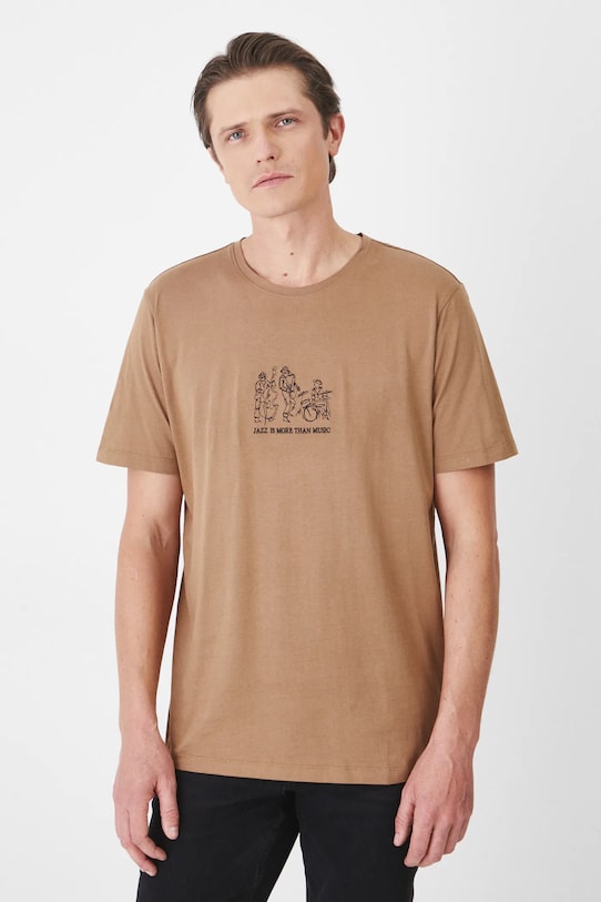 T-shirt bawełniany męski z ozdobnym haftem kolor brązowy okrągły brązowy RS25.TSM110