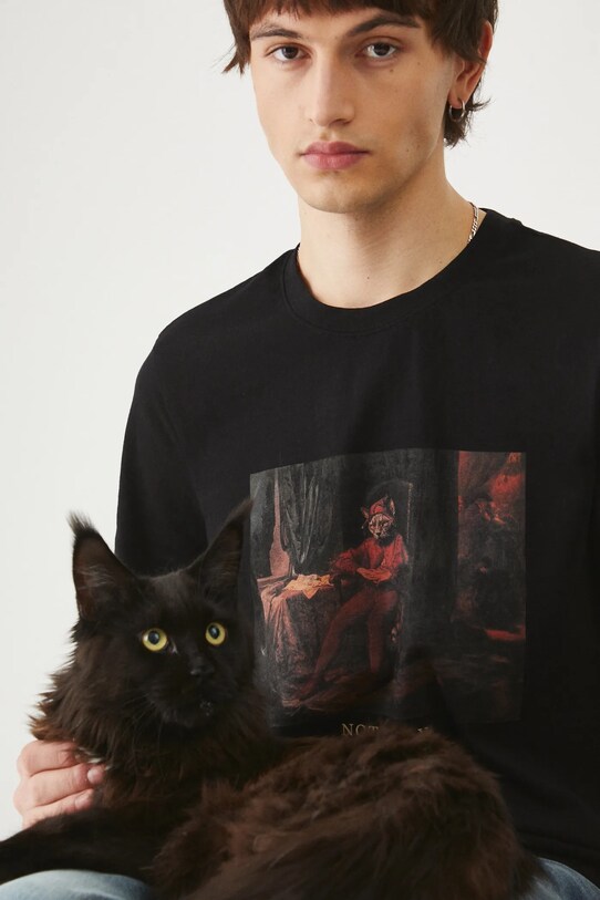 T-shirt bawełniany męski z kolekcji Dzień Kota kolor czarny okrągły czarny RS25.TSM350