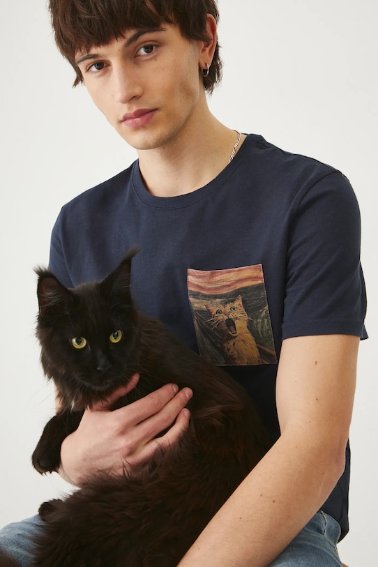 T-shirt bawełniany męski z kolekcji Dzień Kota kolor granatowy okrągły granatowy RS25.TSM351