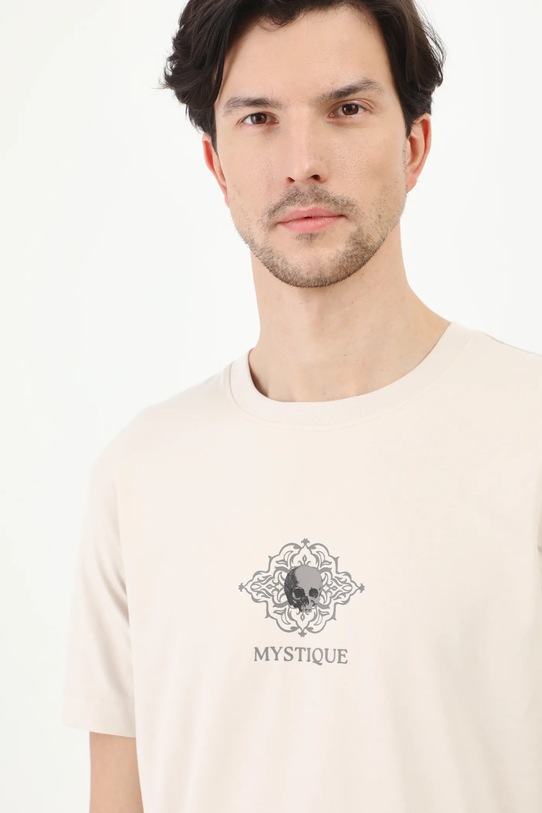 T-shirt bawełniany męski z elastanem z nadrukiem kolor beżowy okrągły beżowy RS25.TSM413