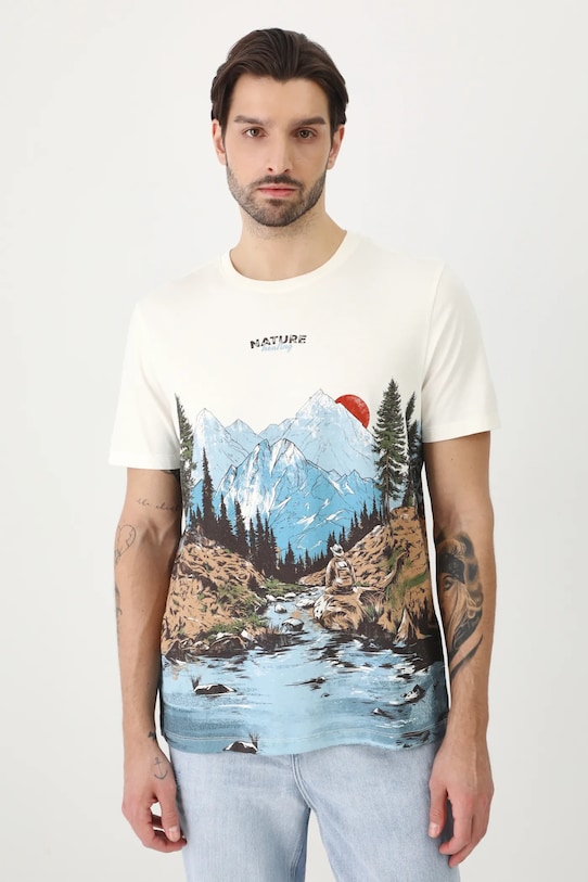 T-shirt bawełniany męski z nadrukiem kolor beżowy okrągły beżowy RS25.TSM523