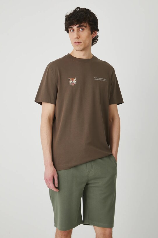 T-shirt bawełniany męski z elastanem z nadrukiem kolor brązowy okrągły brązowy RS25.TSM807