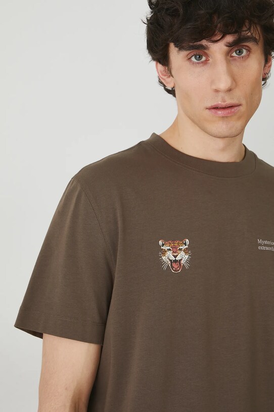 T-shirt bawełniany męski z elastanem z nadrukiem kolor brązowy brązowy RS25.TSM807