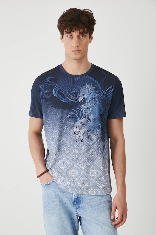 T-shirt bawełniany męski z elastanem wzorzysty kolor niebieski wzorzyste niebieski RS25.TSM910