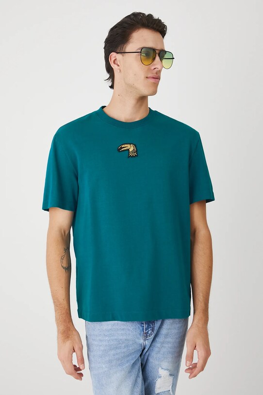 T-shirt bawełniany męski z ozdobną aplikacją kolor zielony turkusowy RS25.TSMA15