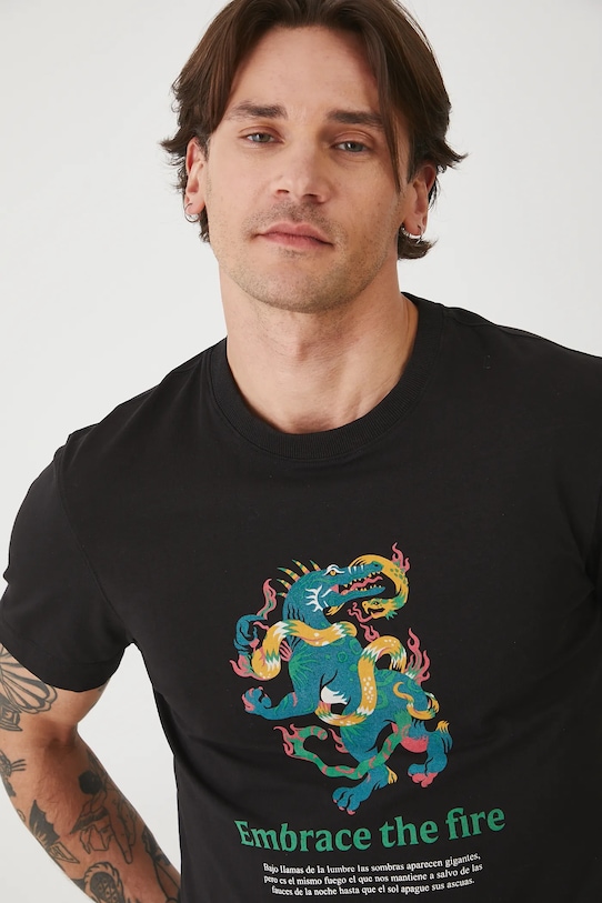 T-shirt bawełniany męski z elastanem z nadrukiem kolor czarny czarny RS25.TSMA16