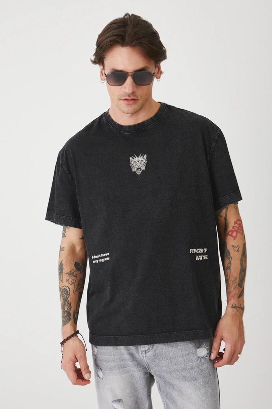 T-shirt bawełniany męski z efektem sprania kolor czarny RS25.TSMA17 czarny RS25