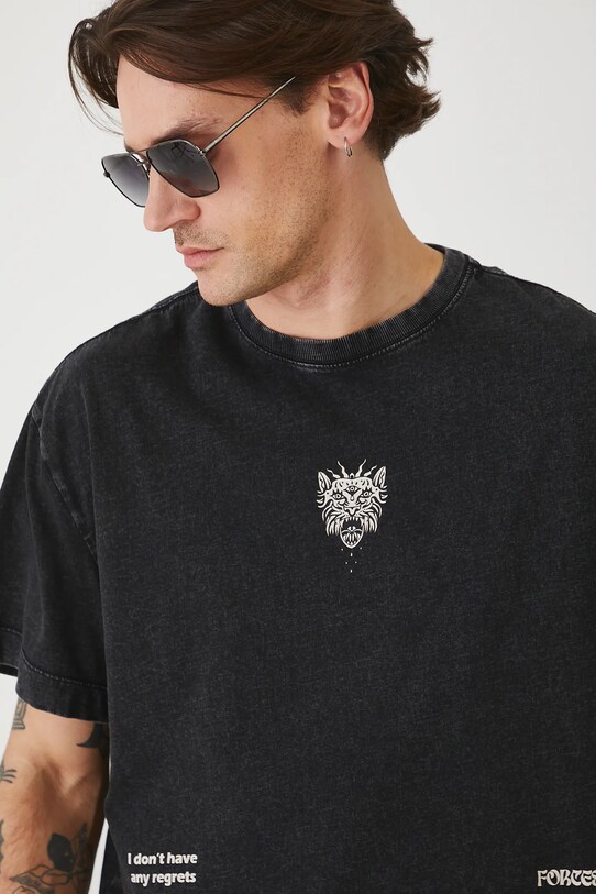 T-shirt bawełniany męski z efektem sprania kolor czarny czarny RS25.TSMA17