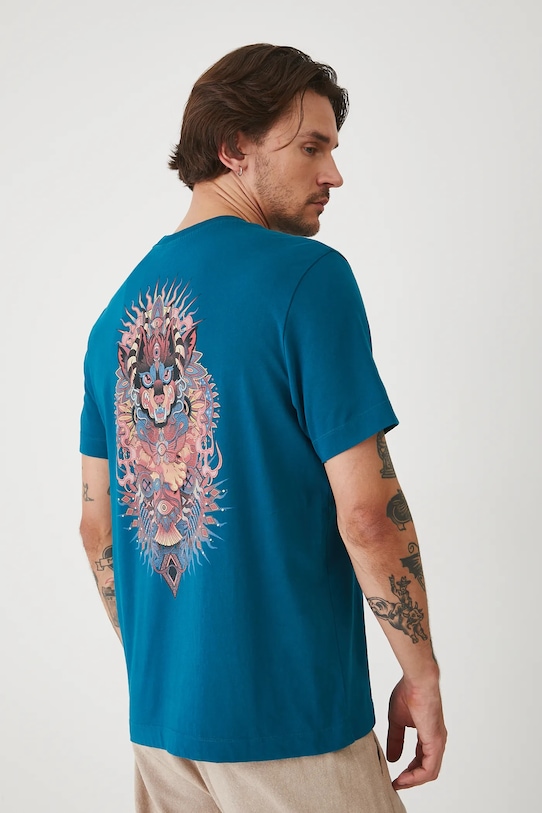 Bavlněné tričko pánské s potiskem zelená barva regular tyrkysová RS25.TSMA20