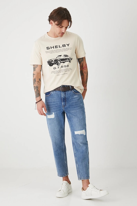T-shirt bawełniany męski Shelby kolor beżowy okrągły beżowy RS25.TSMA75