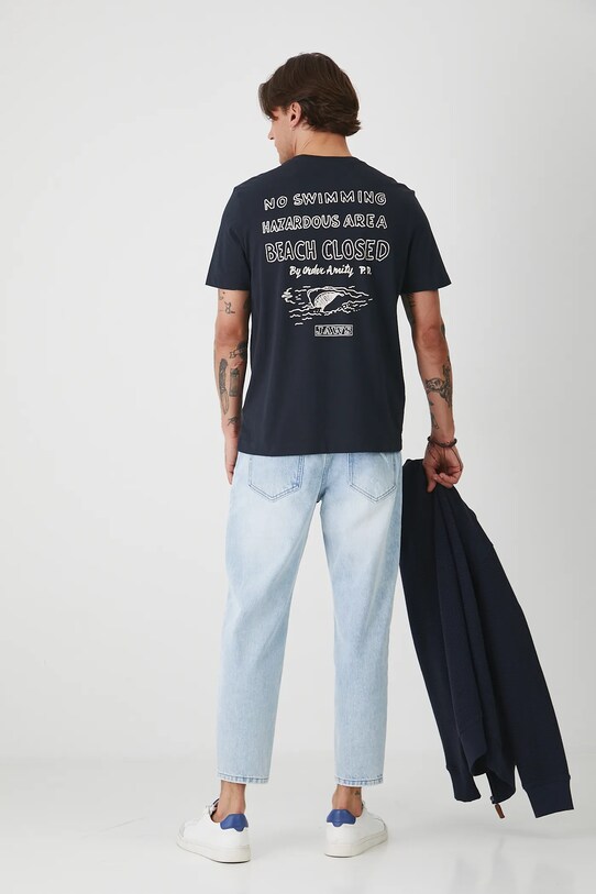 T-shirt bawełniany męski Jaws kolor granatowy okrągły granatowy RS25.TSMA79
