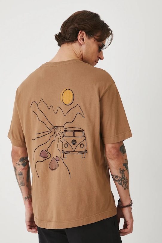 Bavlnené tričko pánske béžová farba potlač béžová RS25.TSMA82