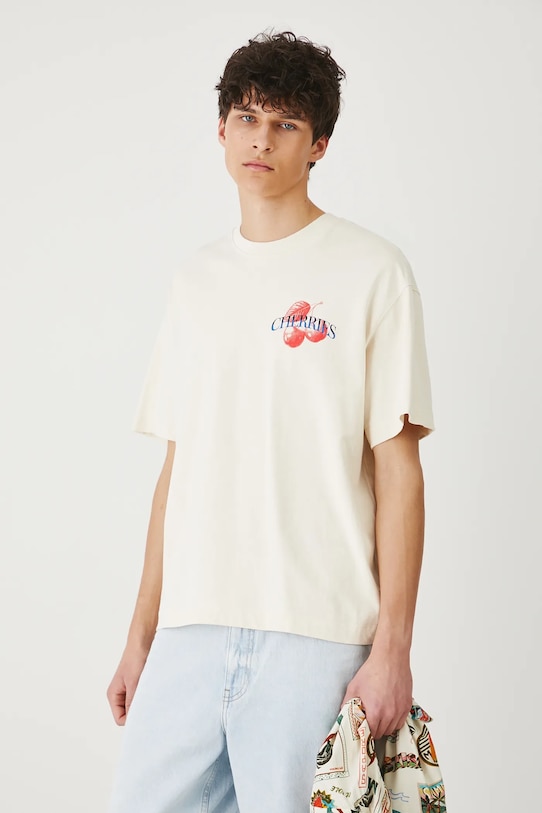 T-shirt bawełniany męski z nadrukiem kolor beżowy okrągły beżowy RS25.TSMB13