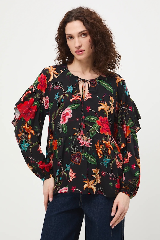 Bluzka damska z wiskozy wzorzysta RS26-BDD420 czarny RS26