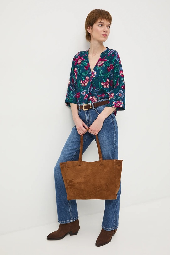 Bluzka damska z wiskozy w kwiaty casual turkusowy RS26-BKD030