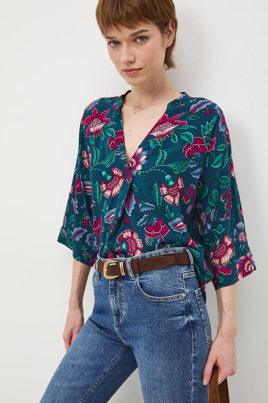 Bluzka damska z wiskozy w kwiaty RS26-BKD030 turkusowy RS26