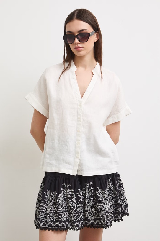 Bluzka koszulowa damska lniana gładka RS26-BKD900 biały RS26