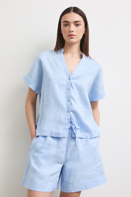 Bluzka koszulowa damska lniana gładka niebieski RS26-BKD900
