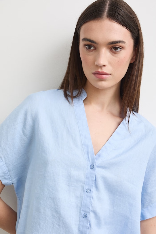 Bluzka koszulowa damska lniana gładka niebieski RS26-BKD900
