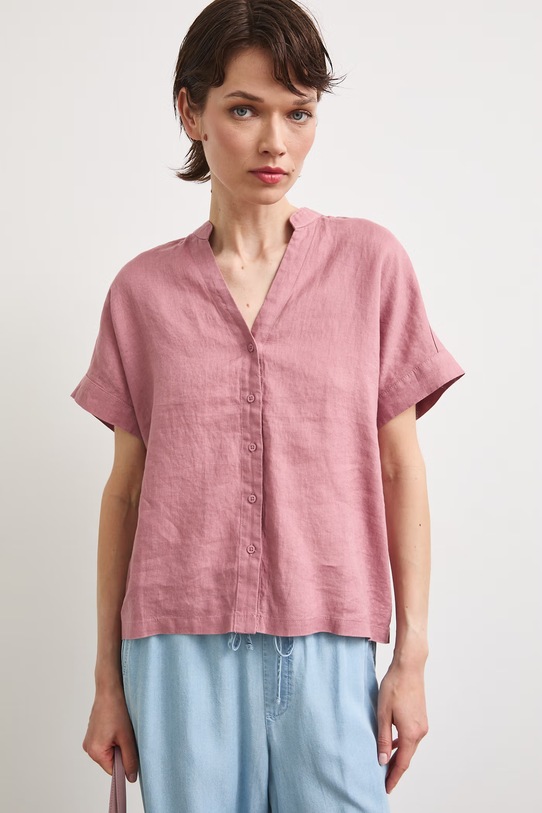 Bluzka koszulowa damska lniana gładka różowy RS26-BKD900