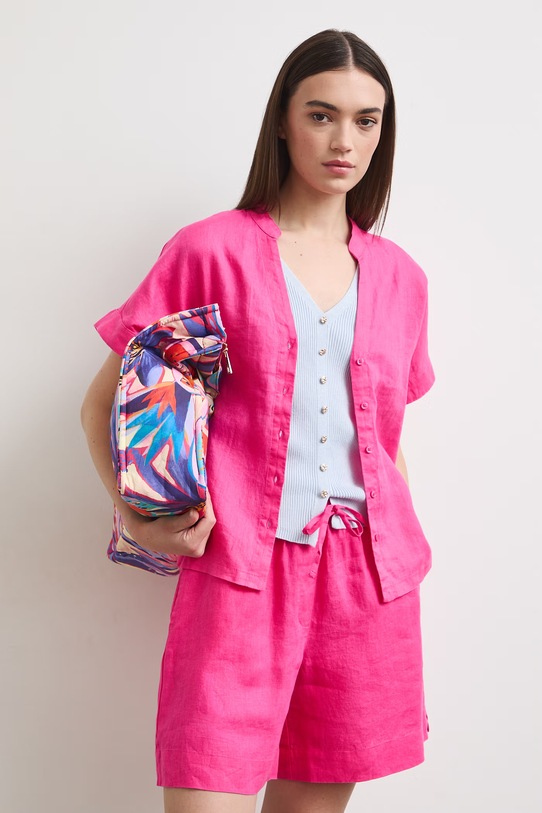 Bluzka koszulowa damska lniana gładka różowy RS26-BKD900