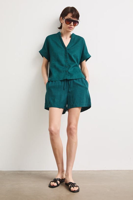 Bluzka koszulowa damska lniana gładka RS26-BKD900 turkusowy RS26