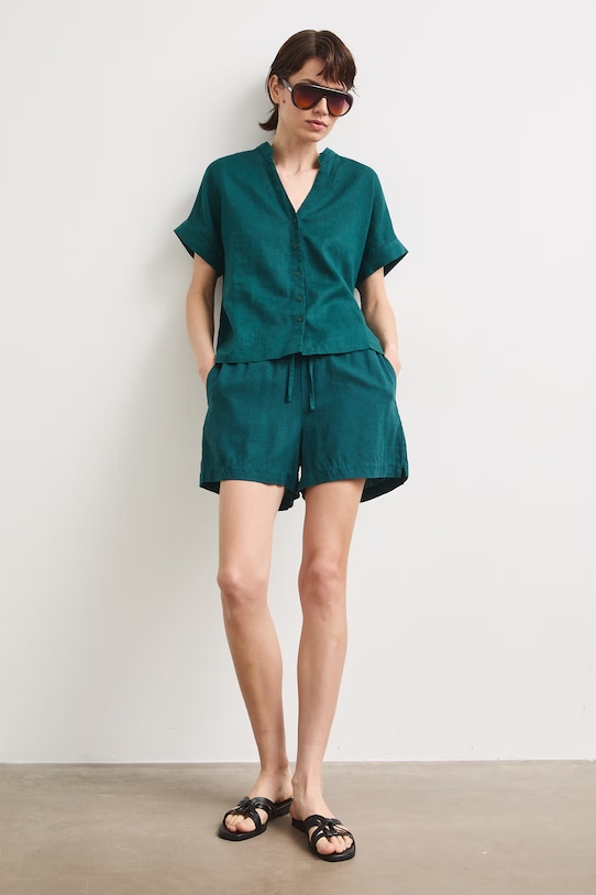 Bluzka koszulowa damska lniana gładka RS26-BKD900 turkusowy RS26