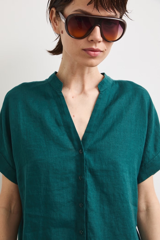 Bluzka koszulowa damska lniana gładka turkusowy RS26-BKD900