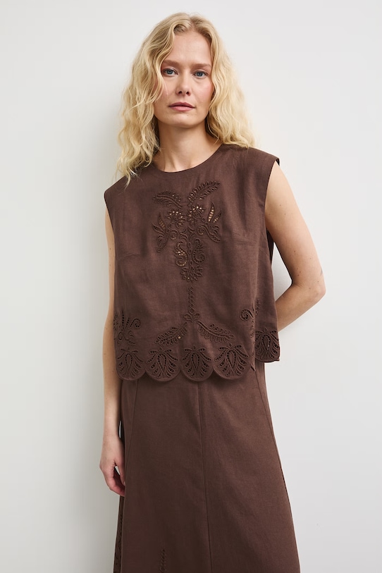 Bluzka damska z lnem z haftem brązowy RS26-BKD902