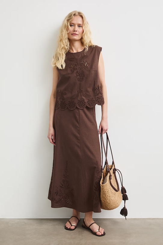 Bluzka damska z lnem z haftem RS26-BKD902 brązowy RS26