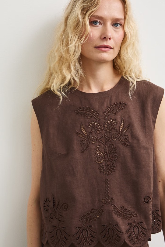 Bluzka damska z lnem z haftem brązowy RS26-BKD902