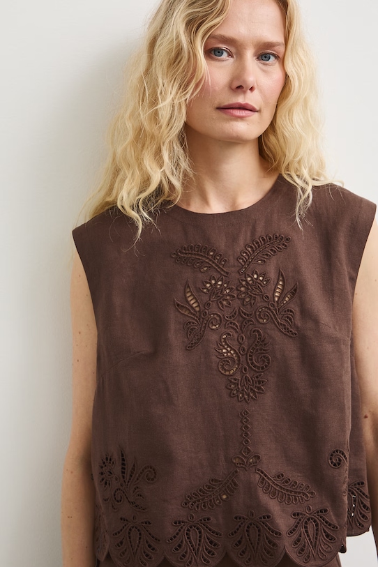 Bluzka damska z lnem z haftem brązowy RS26-BKD902