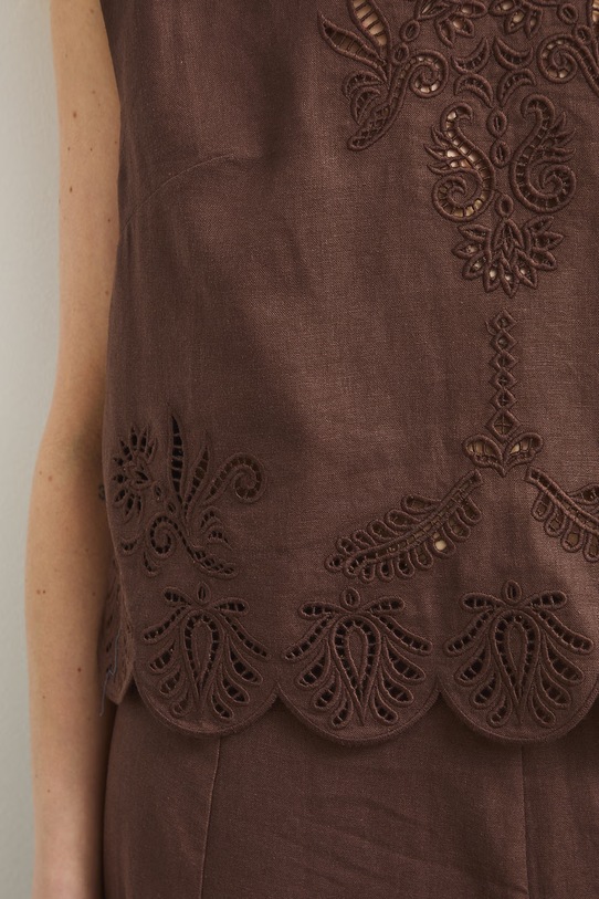 Bluzka damska z lnem z haftem RS26-BKD902 brązowy