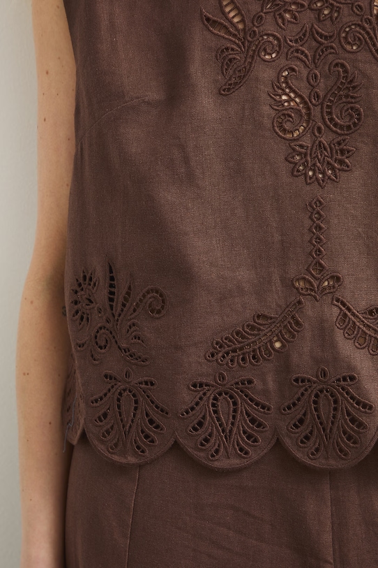 Bluzka damska z lnem z haftem RS26-BKD902 brązowy