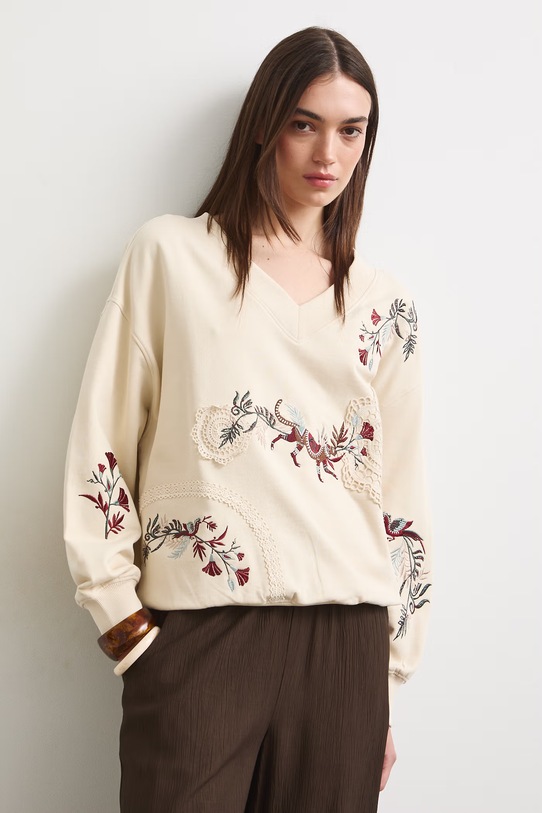 Bluza damska bawełniana roślinna beżowy RS26-BLD900