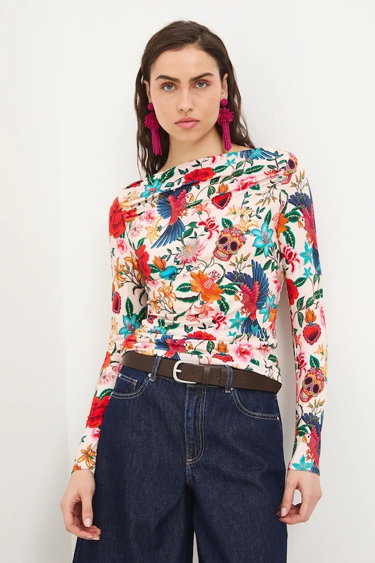 Tričko s dlhým rukávom so vzorom s elastanom béžová RS26-BUD421