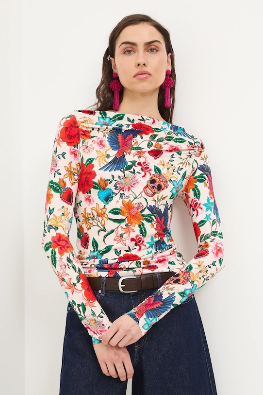 Longsleeve damski wzorzysty RS26-BUD421 beżowy