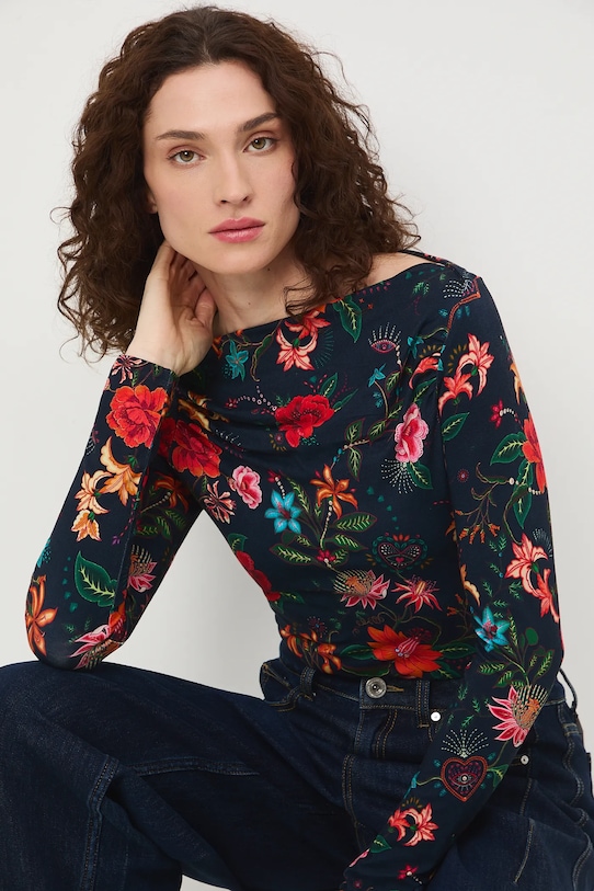 Longsleeve damski wzorzysty RS26-BUD421 granatowy