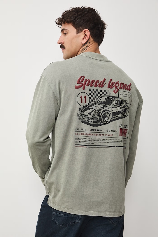 Longsleeve bawełniany męski z nadrukami okrągły zielony RS26-BUM401