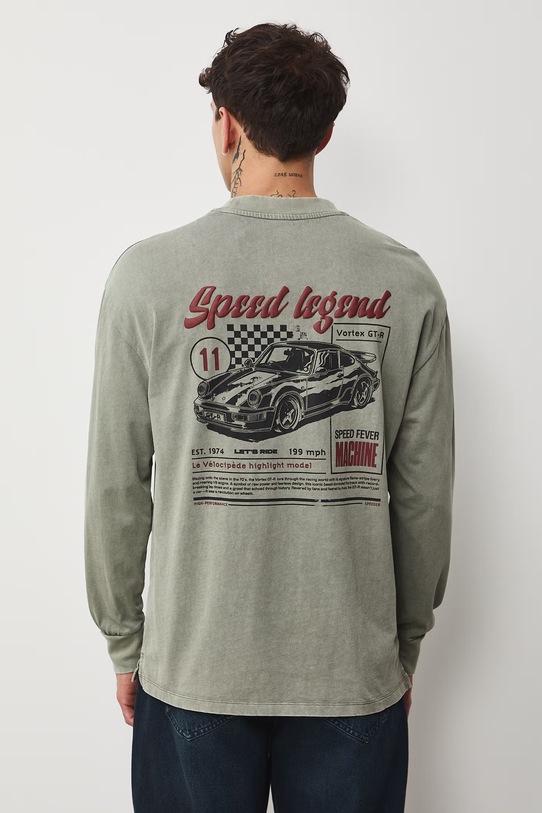 Longsleeve bawełniany męski z nadrukami zielony RS26-BUM401