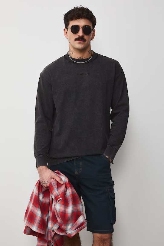 Longsleeve bawełniany męski z nadrukami RS26-BUM401 czarny RS26