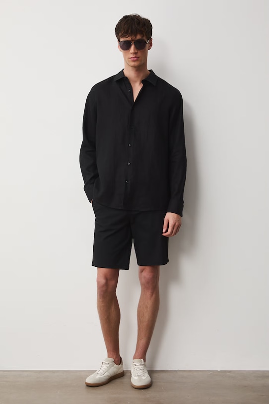 Koszula męska lniana czarny RS26-KDM071