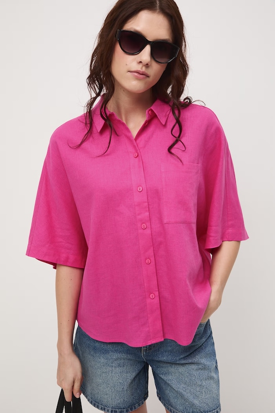 Koszula damska z lnem gładka różowy RS26-KKD700