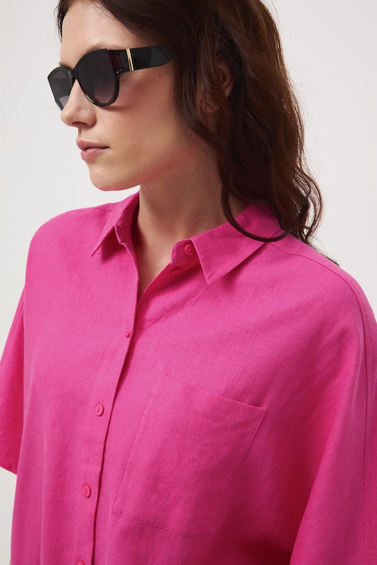 Koszula damska z lnem gładka różowy RS26-KKD700