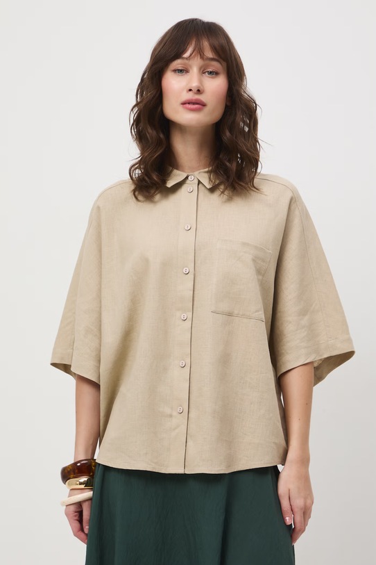 Koszula damska z lnem gładka beżowy RS26-KKD700