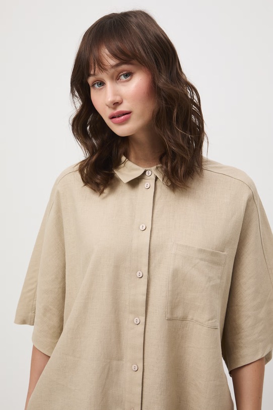 Koszula damska z lnem gładka beżowy RS26-KKD700