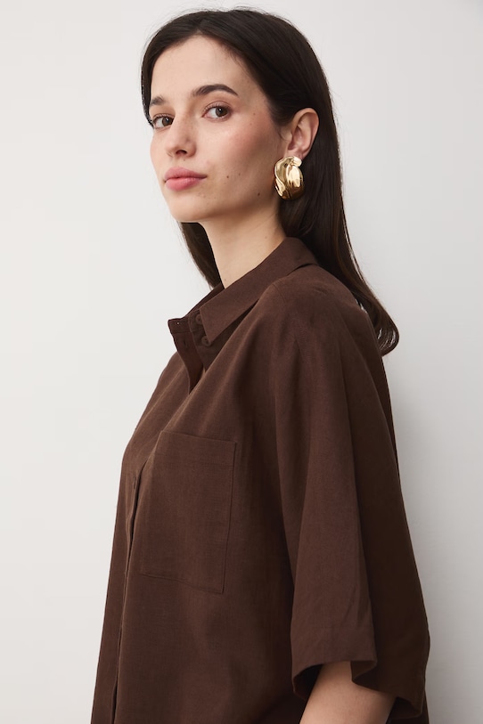Koszula damska z lnem gładka brązowy RS26-KKD700