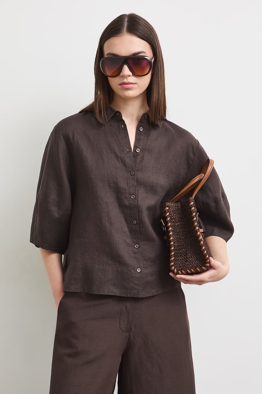 Koszula damska lniana gładka brązowy RS26-KKD901