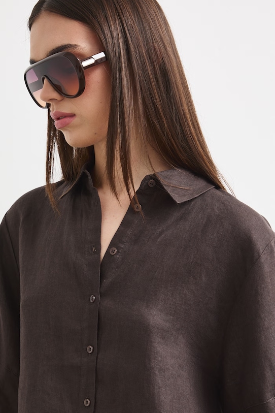 Koszula damska lniana gładka brązowy RS26-KKD901
